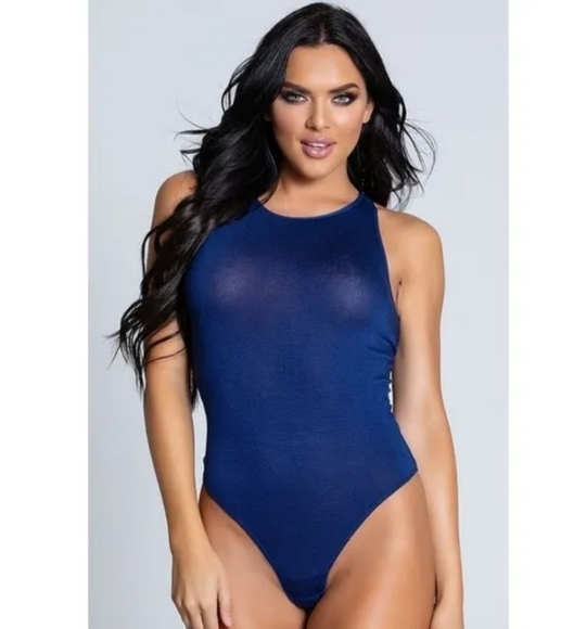 Rene Rofe Blue Sleeveless Racerback Thong Bodysuit Size Small - Picture 1 of 4